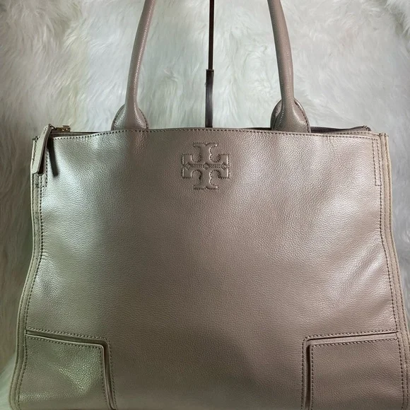 EUC🔥Tory Burch ELLA Leather and Canvas French Gray Tote, Style #41159501-036 - Picture 2 of 7